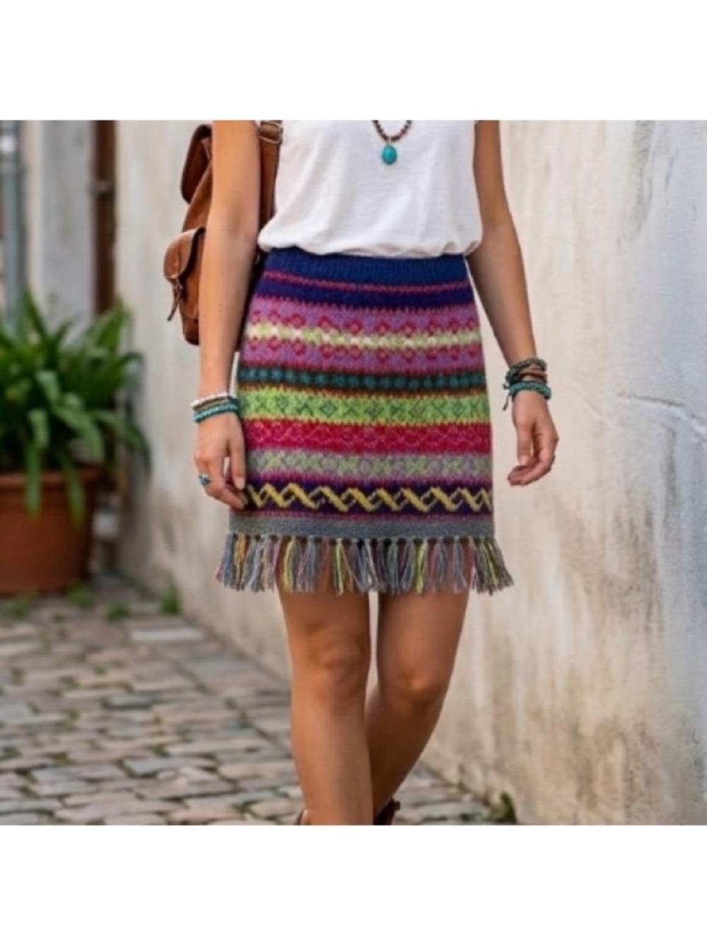 Free People Handknit Wool Skirt Striped Size Medium Multi-Coloured Cottagecore